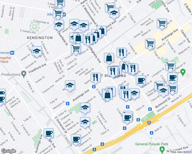 map of restaurants, bars, coffee shops, grocery stores, and more near 3133 Agate Street in Philadelphia