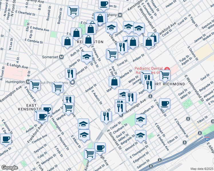 map of restaurants, bars, coffee shops, grocery stores, and more near 2138 East Birch Street in Philadelphia