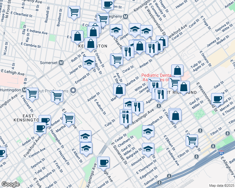 map of restaurants, bars, coffee shops, grocery stores, and more near 2157 East Orleans Street in Philadelphia