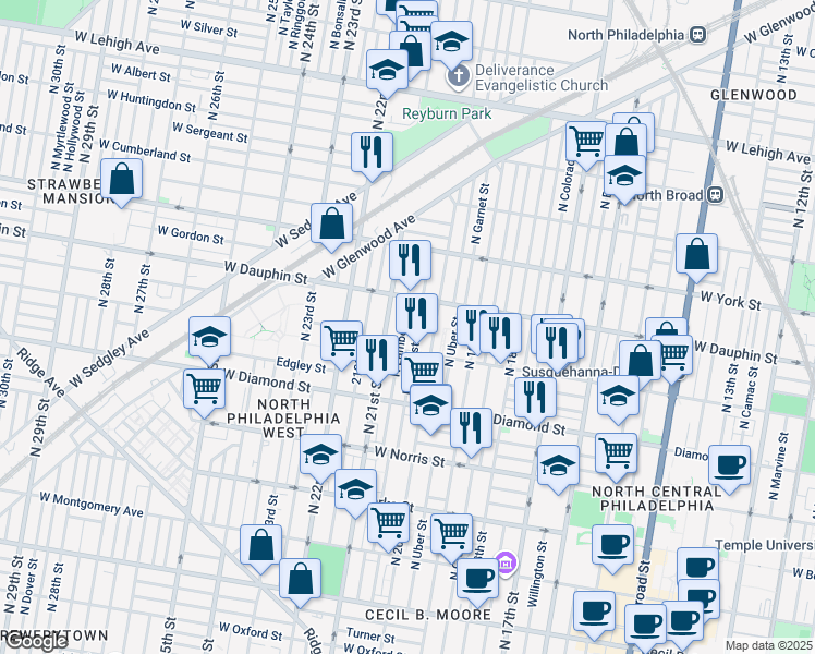 map of restaurants, bars, coffee shops, grocery stores, and more near 2229 North Lambert Street in Philadelphia