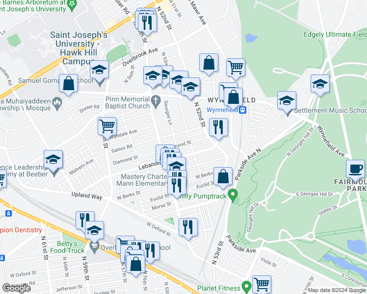 map of restaurants, bars, coffee shops, grocery stores, and more near 5316 Diamond Street in Philadelphia