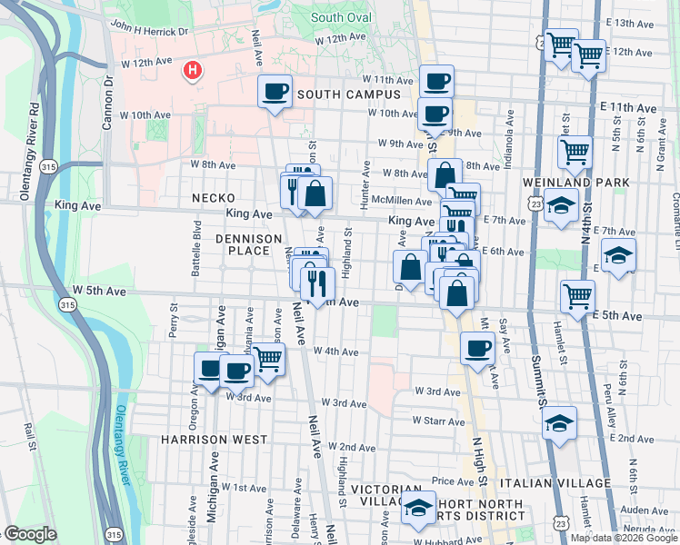 map of restaurants, bars, coffee shops, grocery stores, and more near 1317 1/2 Highland Street in Columbus