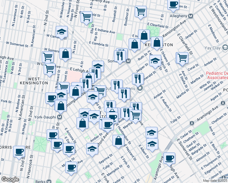 map of restaurants, bars, coffee shops, grocery stores, and more near 1916 East Lehigh Avenue in Philadelphia