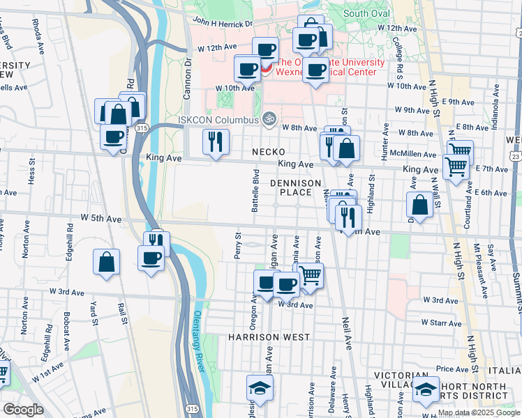map of restaurants, bars, coffee shops, grocery stores, and more near 423 West 6th Avenue in Columbus