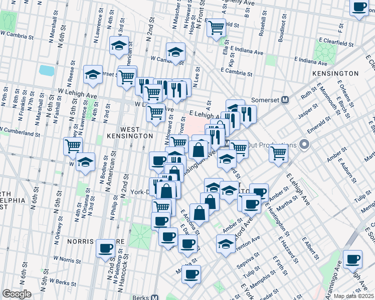 map of restaurants, bars, coffee shops, grocery stores, and more near 2527 North Lee Street in Philadelphia