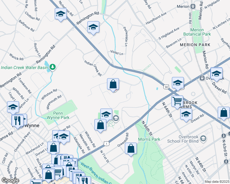 map of restaurants, bars, coffee shops, grocery stores, and more near 100 East Lancaster Avenue in Wynnewood