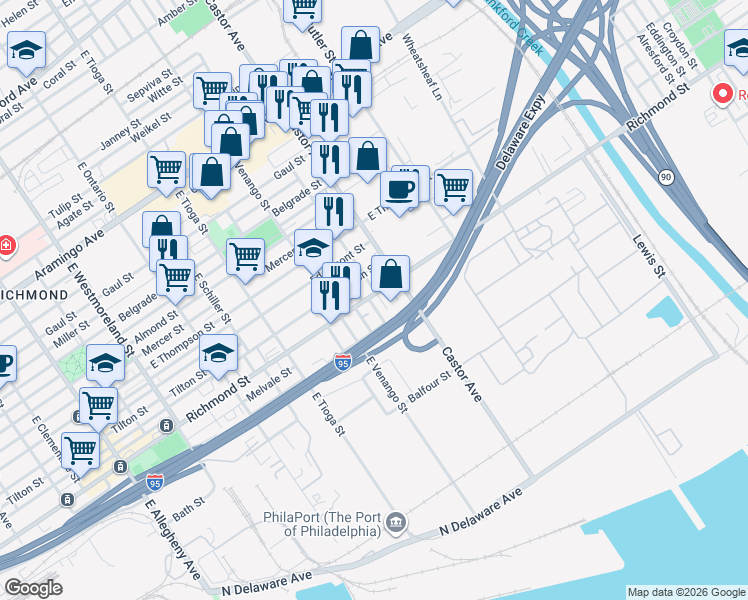map of restaurants, bars, coffee shops, grocery stores, and more near 3665 Richmond Street in Philadelphia
