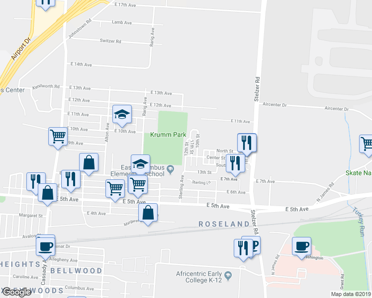 map of restaurants, bars, coffee shops, grocery stores, and more near 12th Street in Columbus