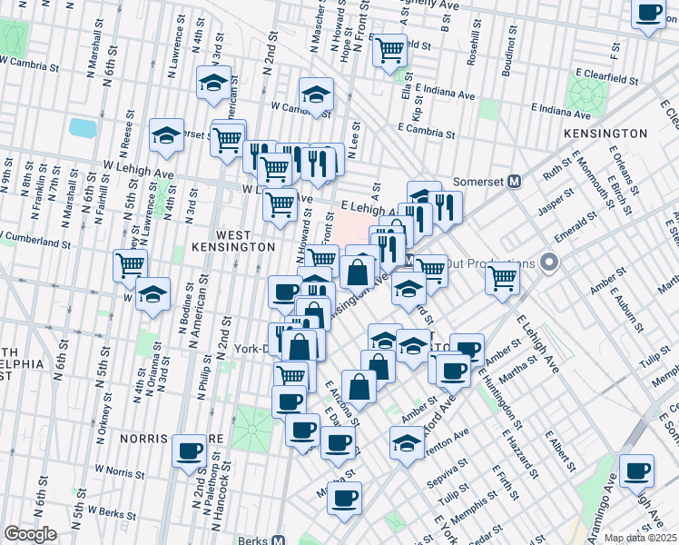 map of restaurants, bars, coffee shops, grocery stores, and more near 2527 North Lee Street in Philadelphia