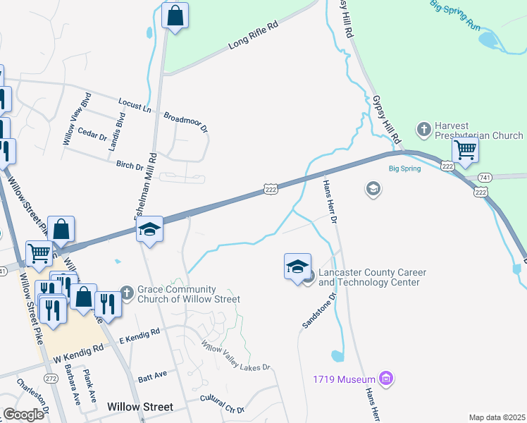 map of restaurants, bars, coffee shops, grocery stores, and more near 314 Beaver Valley Pike in Willow Street