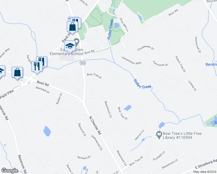 map of restaurants, bars, coffee shops, grocery stores, and more near 1711 Bow Tree Drive in West Chester