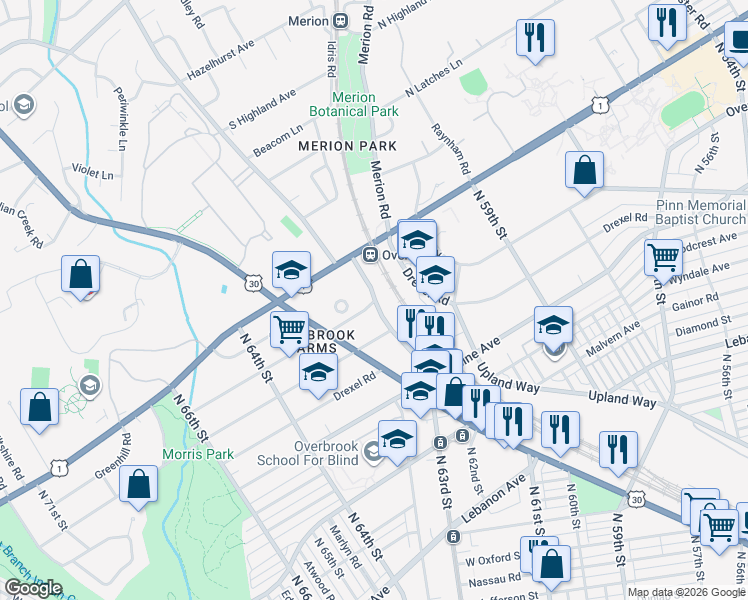 map of restaurants, bars, coffee shops, grocery stores, and more near N 63rd St & Overbrook Ave in Philadelphia