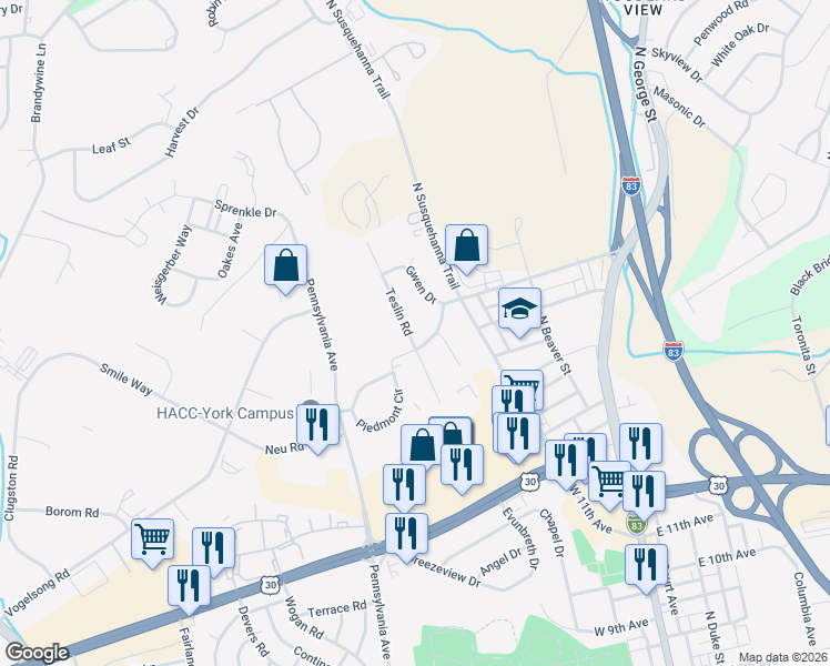 map of restaurants, bars, coffee shops, grocery stores, and more near 2117 Teslin Road in York