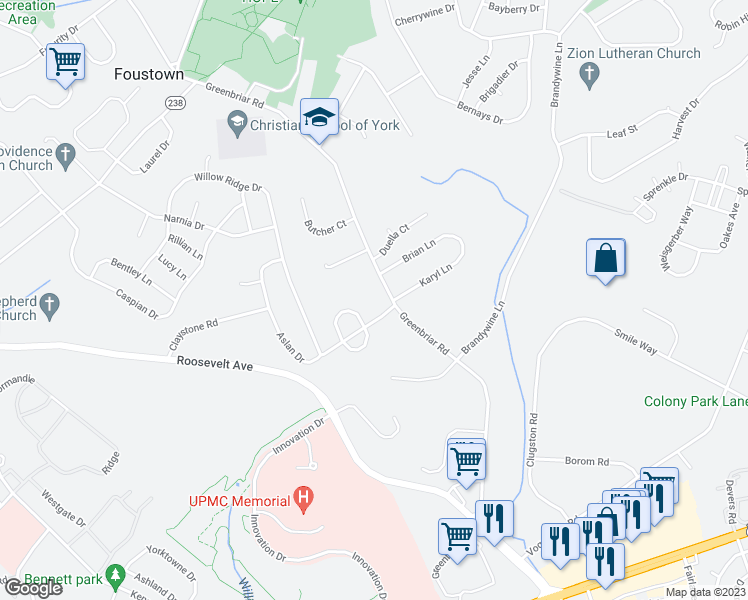 map of restaurants, bars, coffee shops, grocery stores, and more near 687 Greenbriar Road in York