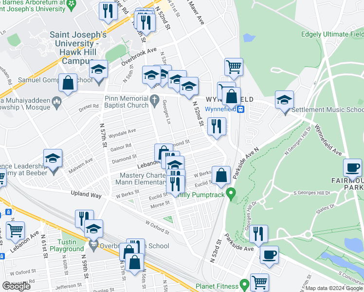map of restaurants, bars, coffee shops, grocery stores, and more near 5316 Diamond Street in Philadelphia