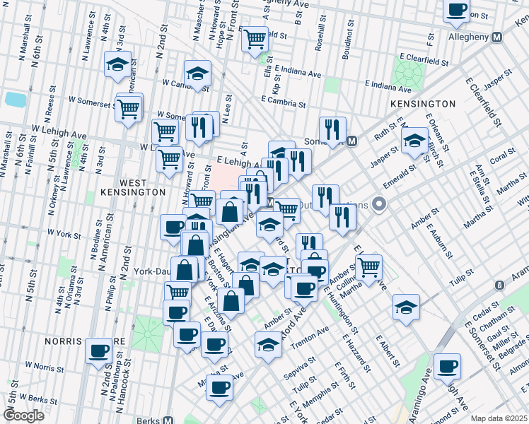 map of restaurants, bars, coffee shops, grocery stores, and more near 1807 East Hazzard Street in Philadelphia