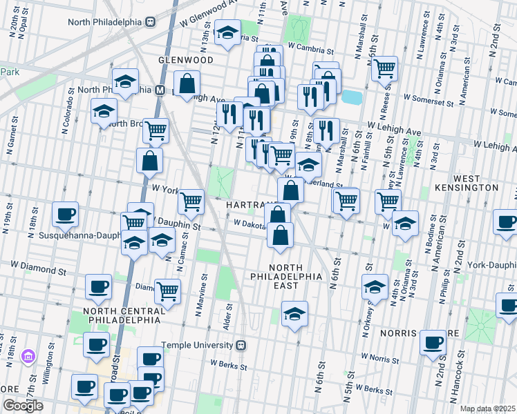 map of restaurants, bars, coffee shops, grocery stores, and more near 2353 North 10th Street in Philadelphia