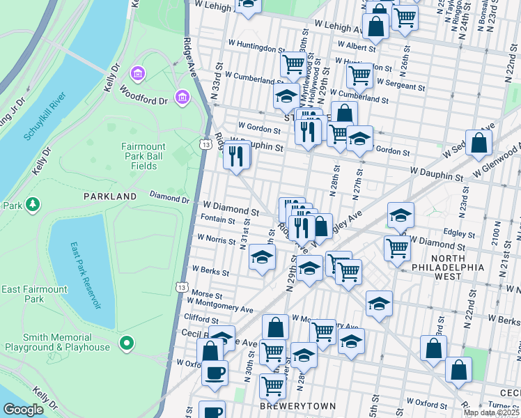 map of restaurants, bars, coffee shops, grocery stores, and more near 3019 West Diamond street in Philadelphia