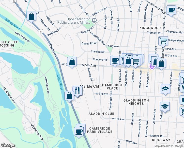 map of restaurants, bars, coffee shops, grocery stores, and more near 1600 Roxbury Road in Columbus