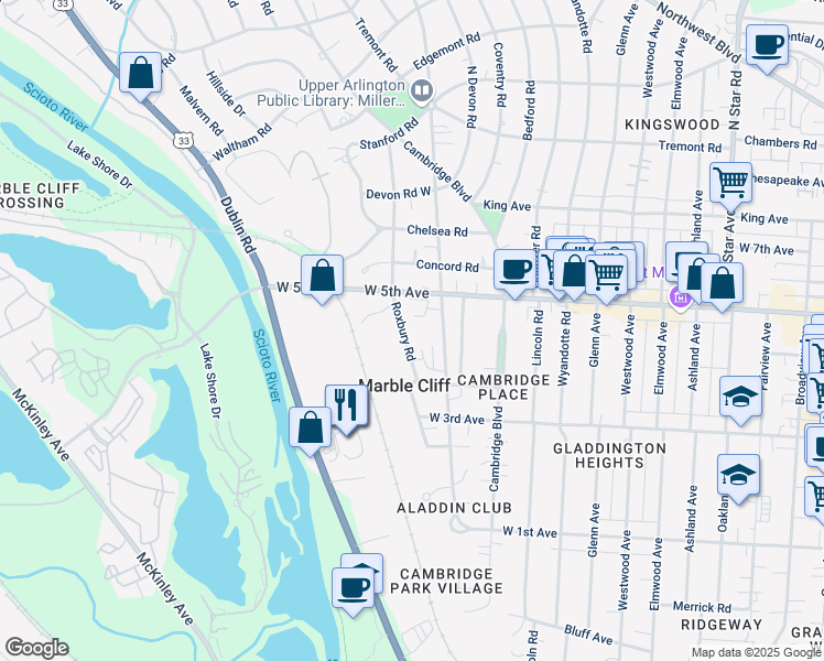 map of restaurants, bars, coffee shops, grocery stores, and more near 1600 Roxbury Rd in Marble Cliff