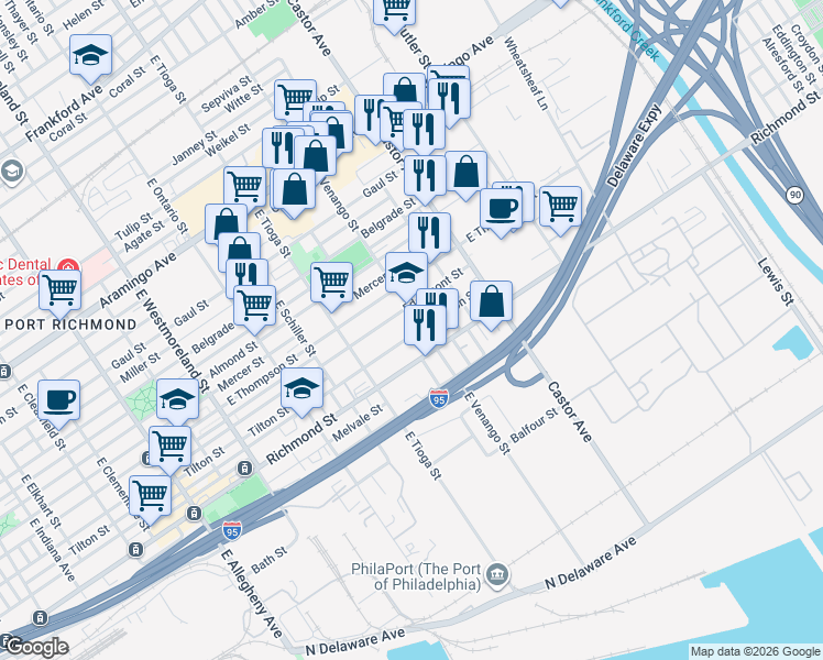 map of restaurants, bars, coffee shops, grocery stores, and more near 2730 East Venango Street in Philadelphia