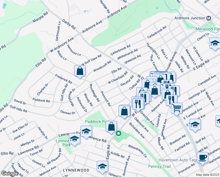 map of restaurants, bars, coffee shops, grocery stores, and more near 122 Decatur Road in Havertown