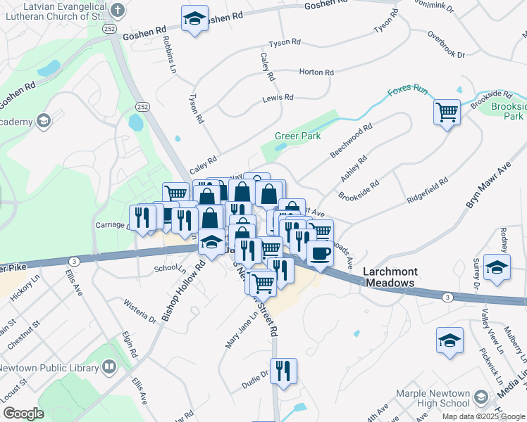 map of restaurants, bars, coffee shops, grocery stores, and more near 15 Saint Albans Avenue in Newtown Square