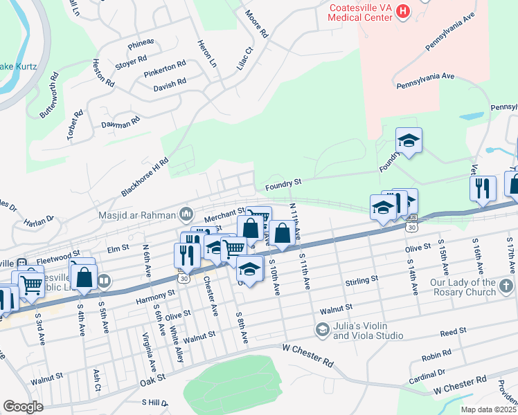 map of restaurants, bars, coffee shops, grocery stores, and more near 1076 Merchant Street in Coatesville