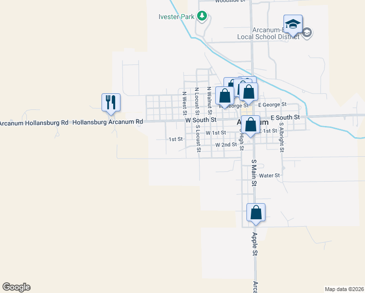 map of restaurants, bars, coffee shops, grocery stores, and more near 501 W 2nd St in Arcanum