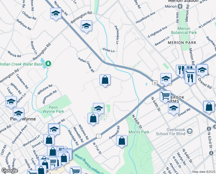 map of restaurants, bars, coffee shops, grocery stores, and more near 100 Lancaster Avenue in Wynnewood