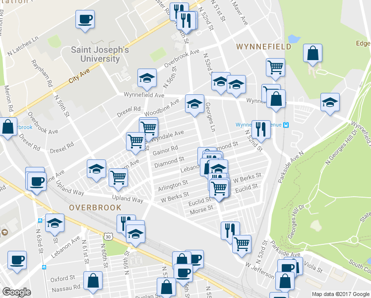 map of restaurants, bars, coffee shops, grocery stores, and more near 5428 Gainor Road in Philadelphia