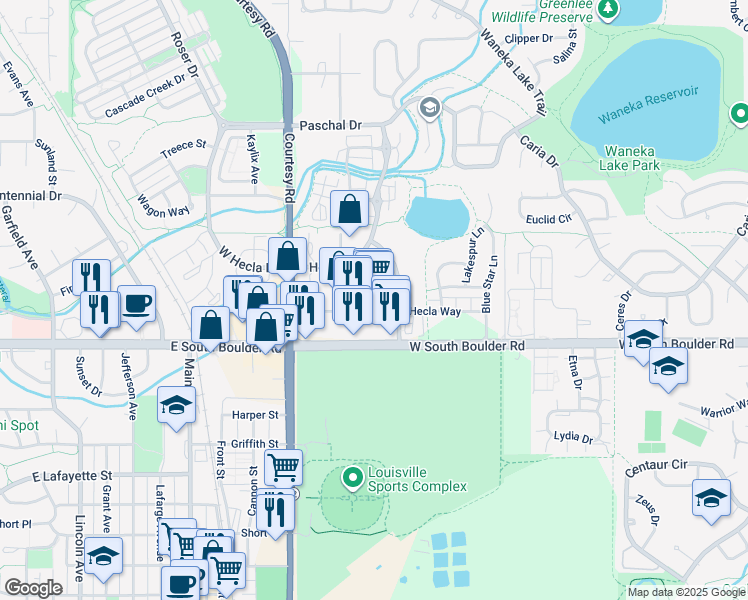 map of restaurants, bars, coffee shops, grocery stores, and more near 1375 East South Boulder Road in Louisville