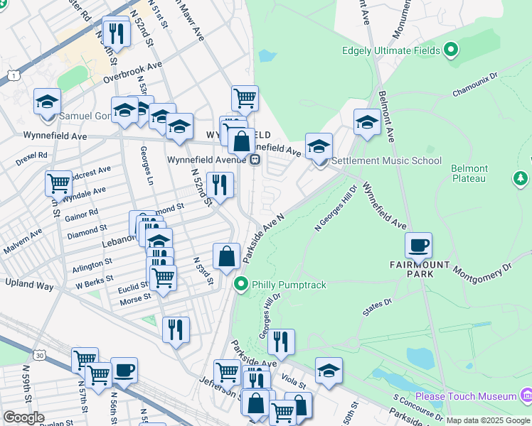 map of restaurants, bars, coffee shops, grocery stores, and more near 4991 Parkside Avenue North in Philadelphia