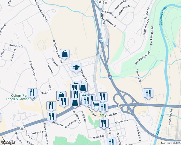 map of restaurants, bars, coffee shops, grocery stores, and more near 1904 North George Street in York