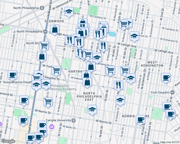 map of restaurants, bars, coffee shops, grocery stores, and more near 2406 Germantown Avenue in Philadelphia