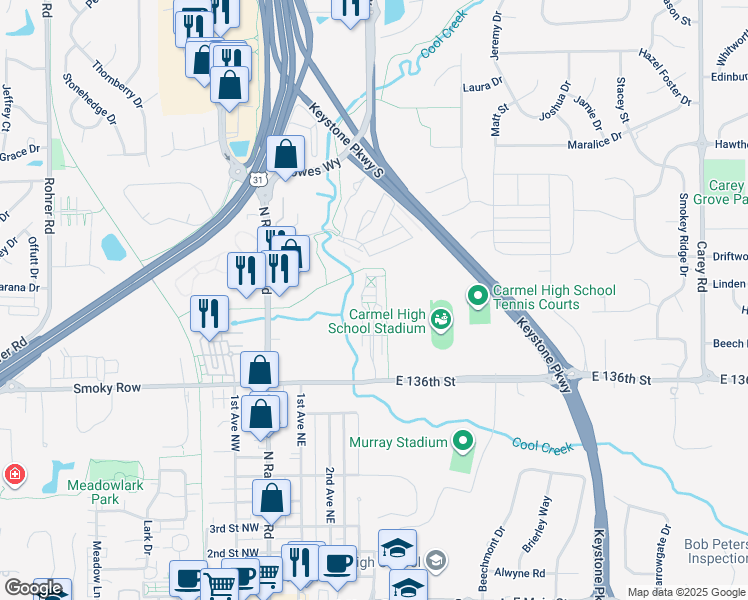 map of restaurants, bars, coffee shops, grocery stores, and more near 964 Orlando Street in Carmel