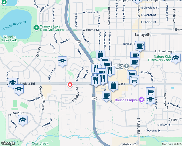 map of restaurants, bars, coffee shops, grocery stores, and more near 1090 Milo Circle in Lafayette
