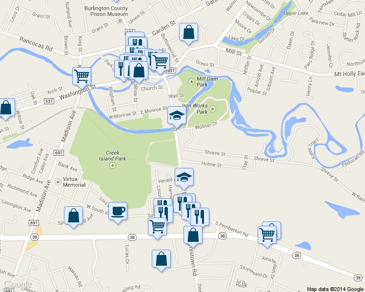 map of restaurants, bars, coffee shops, grocery stores, and more near 129 Pine Street in Mount Holly