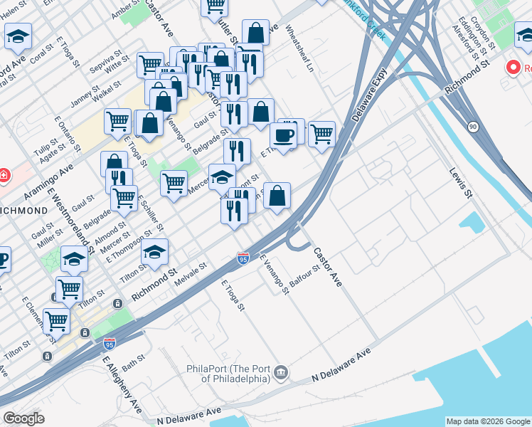 map of restaurants, bars, coffee shops, grocery stores, and more near in Philadelphia