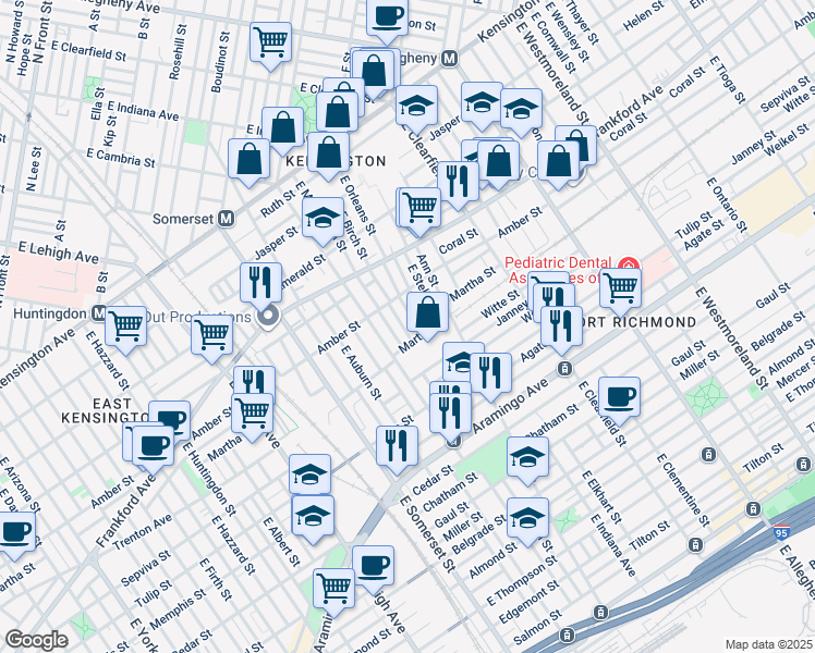 map of restaurants, bars, coffee shops, grocery stores, and more near 2141 East Birch Street in Philadelphia
