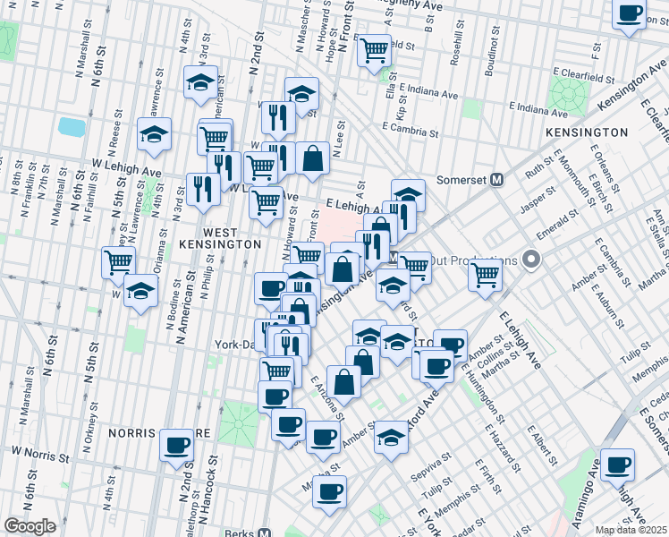 map of restaurants, bars, coffee shops, grocery stores, and more near 2535 North Lee Street in Philadelphia