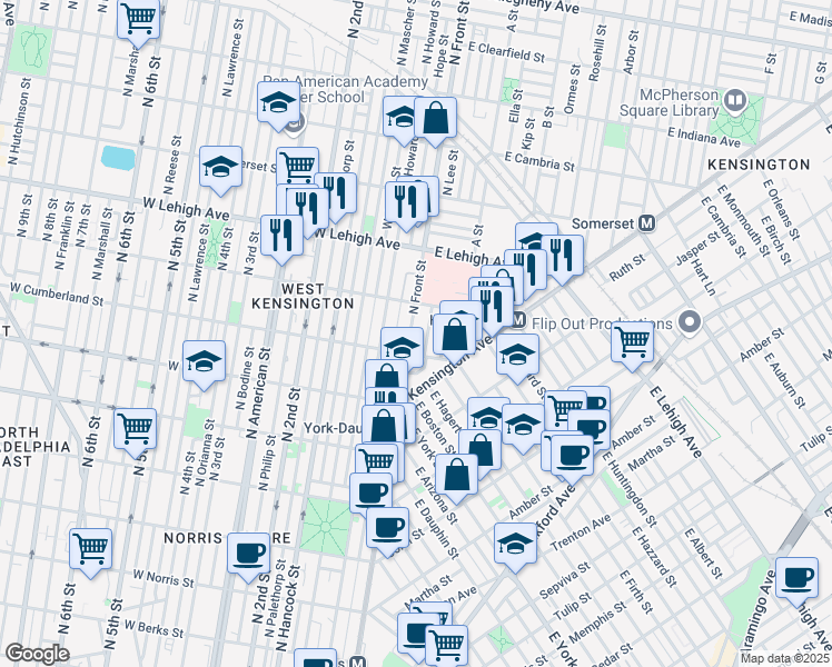 map of restaurants, bars, coffee shops, grocery stores, and more near 2535 North Lee Street in Philadelphia