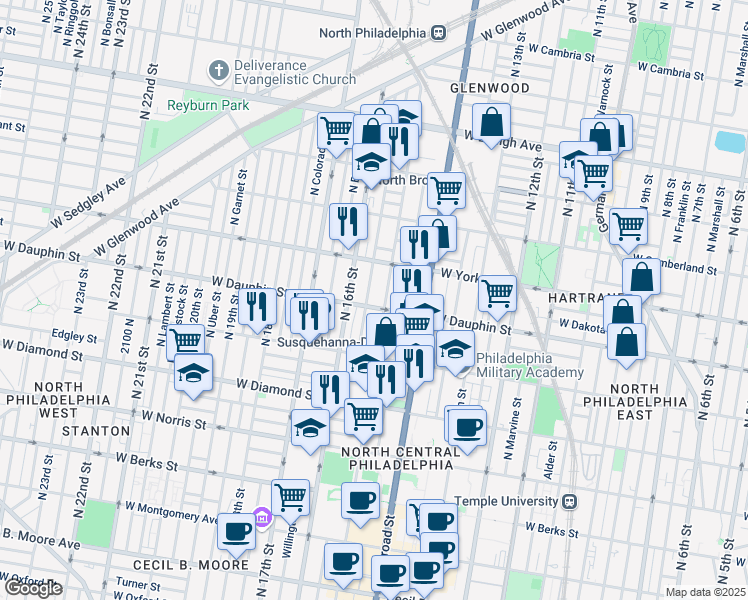 map of restaurants, bars, coffee shops, grocery stores, and more near 2326 North 15th Street in Philadelphia