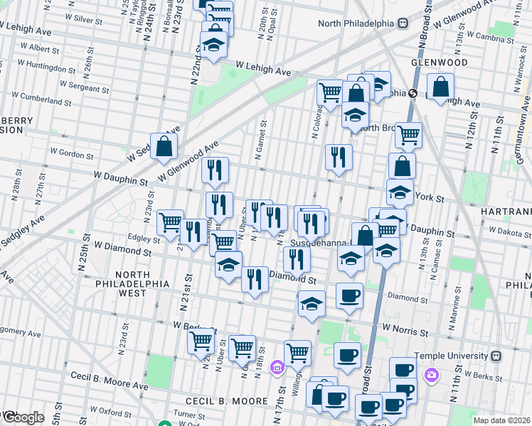 map of restaurants, bars, coffee shops, grocery stores, and more near 2258 North Gratz Street in Philadelphia