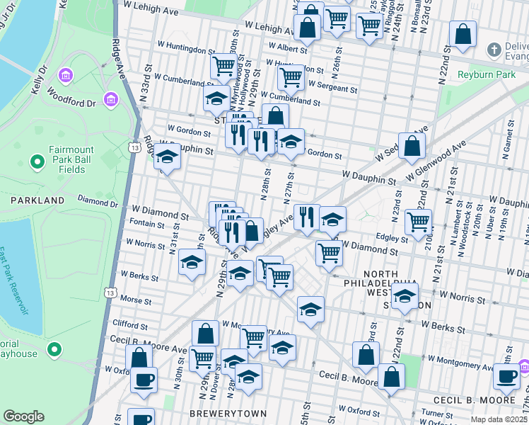 map of restaurants, bars, coffee shops, grocery stores, and more near 2139 North 28th Street in Philadelphia