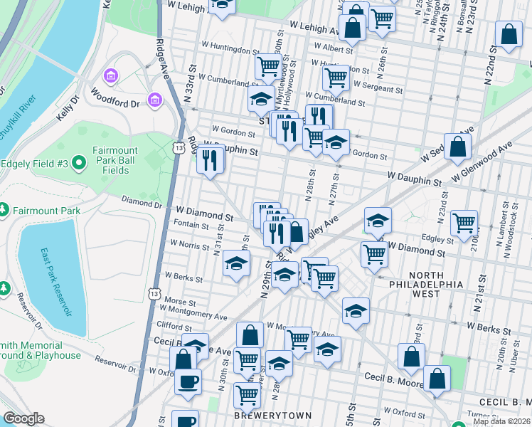 map of restaurants, bars, coffee shops, grocery stores, and more near 2938 Westmont Street in Philadelphia