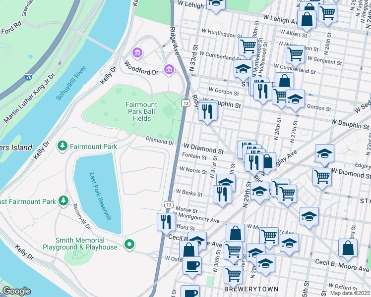 map of restaurants, bars, coffee shops, grocery stores, and more near in Philadelphia
