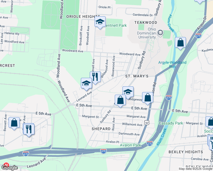 map of restaurants, bars, coffee shops, grocery stores, and more near 2110 Leonard Avenue in Columbus