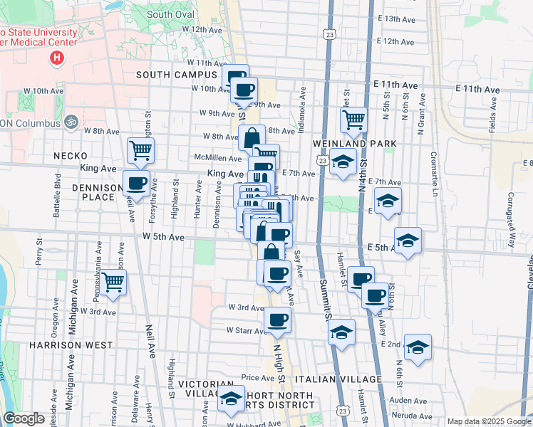 map of restaurants, bars, coffee shops, grocery stores, and more near 1276 North High Street in Columbus