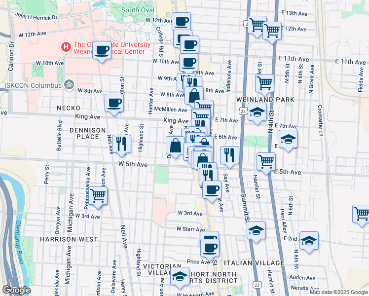 map of restaurants, bars, coffee shops, grocery stores, and more near 46 Smith Place in Columbus